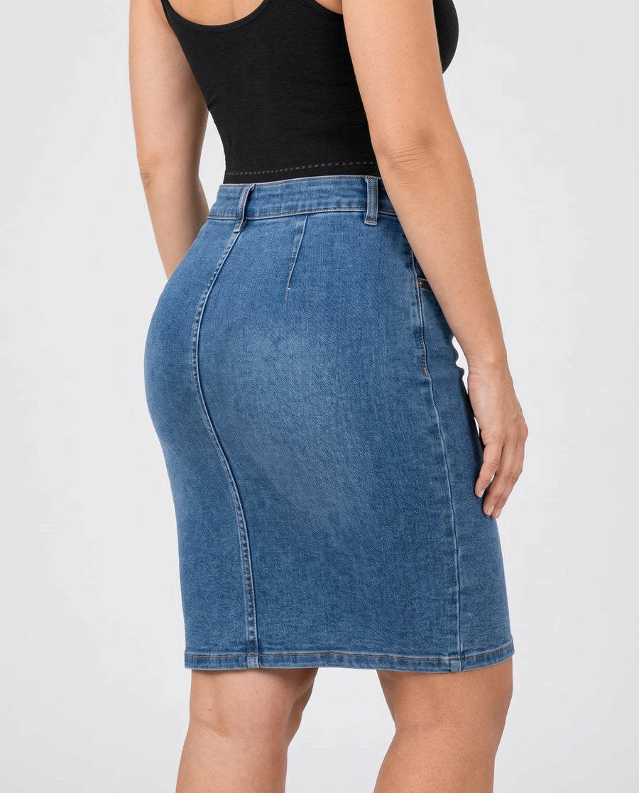 SVELT Shaping Bodysuit in Beige in Black under a denim skirt