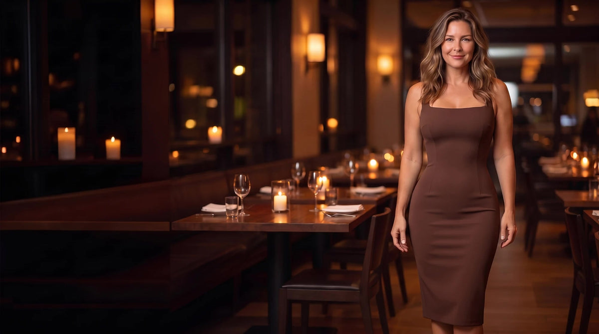 Woman in a fitted brown dress in a candlelit restaurant, smooth under SVELT shapewear