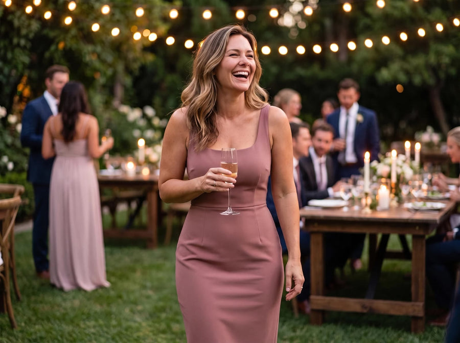 Woman laughing at a garden wedding in a fitted pink dress