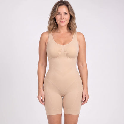 Model wearing the SVELT Shaping Bodysuit in Beige, front view