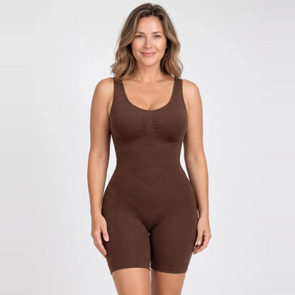 Model wearing the SVELT Shaping Bodysuit in Brown, front view
