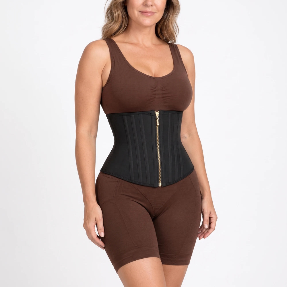 Waist cincher worn over the Shaping Bodysuit in Brown
